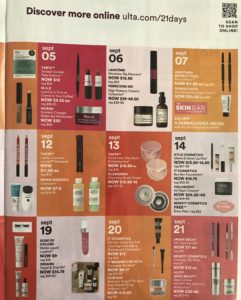lost of sale items on each calendar day from Sept 1-21 for Ulta 21 Days of Beauty - right hand side of the catalogue