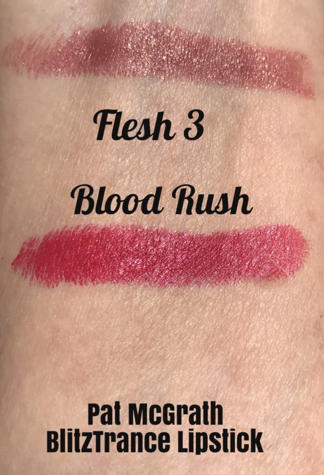 arm swatches of shades Flesh 3 and Blood Rush from Pat McGrath BlitzTrance Lipsticks
