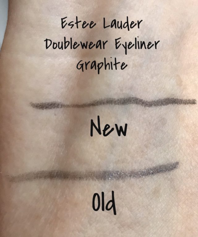 swatches of two shades of "Graphite": Estee Lauder Double Wear Infinite Waterproof Eyeliner on top and Stay-In-Place on the bottom