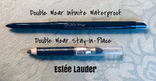 comparison of Estee Lauder Double Wear Infinite Waterproof Eyeliner - a mechanical pencil - & my old Double Wear Stay-In-Place Eyeliner, a traditional wooden pencil, both in shade Graphite