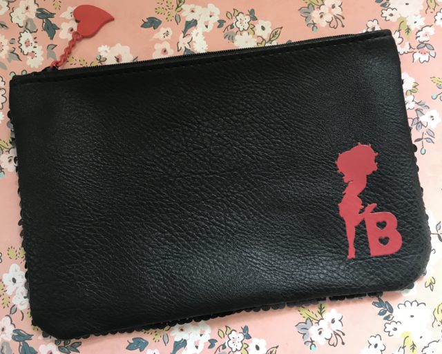 Ipsy Plus Betty Boop makeup bag, black faux leather with red Betty Boop silhouette and letter B