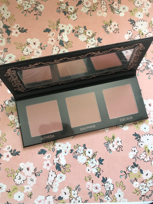 Lovecraft Beauty Blush Palette open to show the internal mirror and three warm-toned blush shades