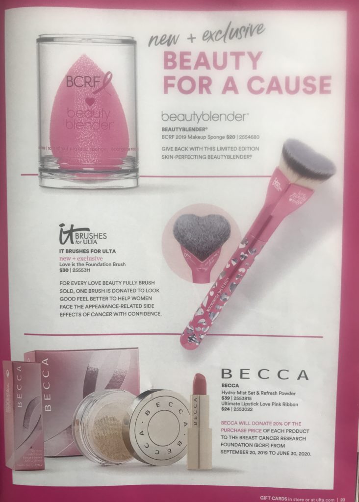 page from Ulta catalogue: Beauty for a Cause merchandise for Breast Cancer Awareness Month October 2019