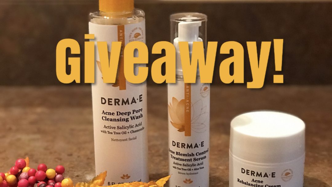 3 Derma E Acne skincare products: Cleansing Wash, Serum and Rebalancing Cream with Giveaway written over them