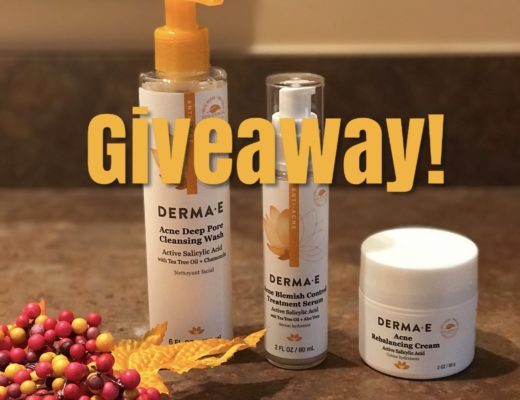 3 Derma E Acne skincare products: Cleansing Wash, Serum and Rebalancing Cream with Giveaway written over them