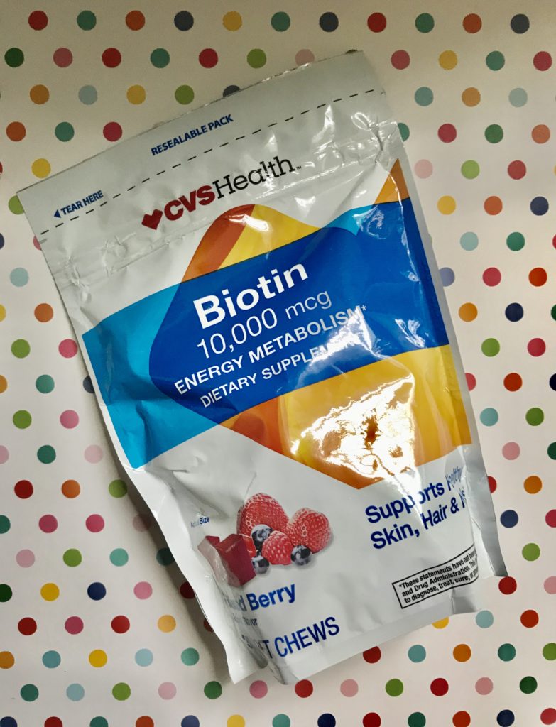 a pouch containing a one month supple of biotin chews 10,000 mcg from CVS Health
