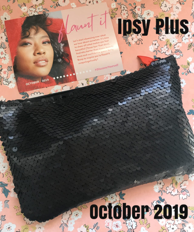 black sequined side of Ipsy Plus makeup bag for October 2019 with the "Flaunt It" product card