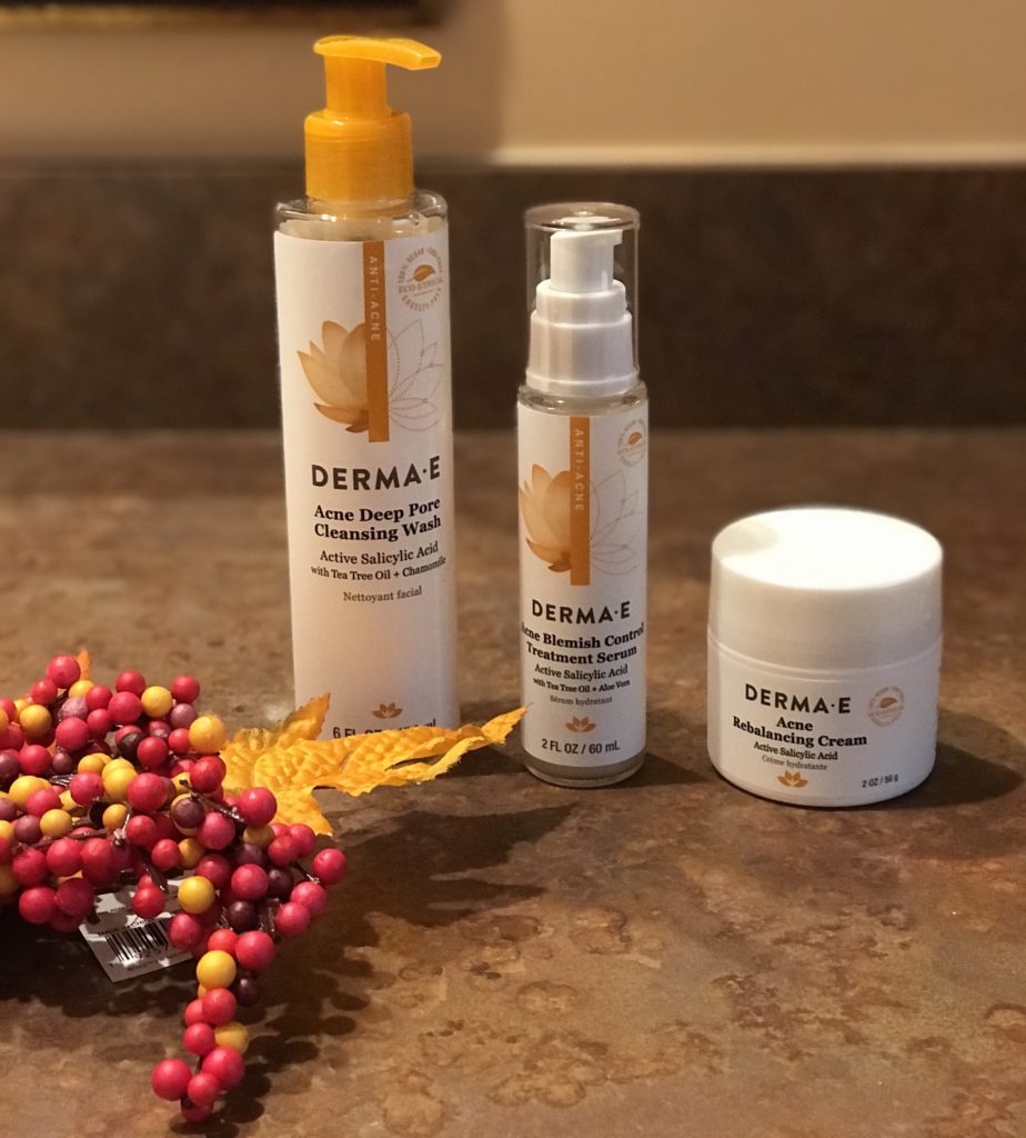 unboxed Derma E Acne skincare products: Cleansing Wash, Serum and Rebalancing Cream