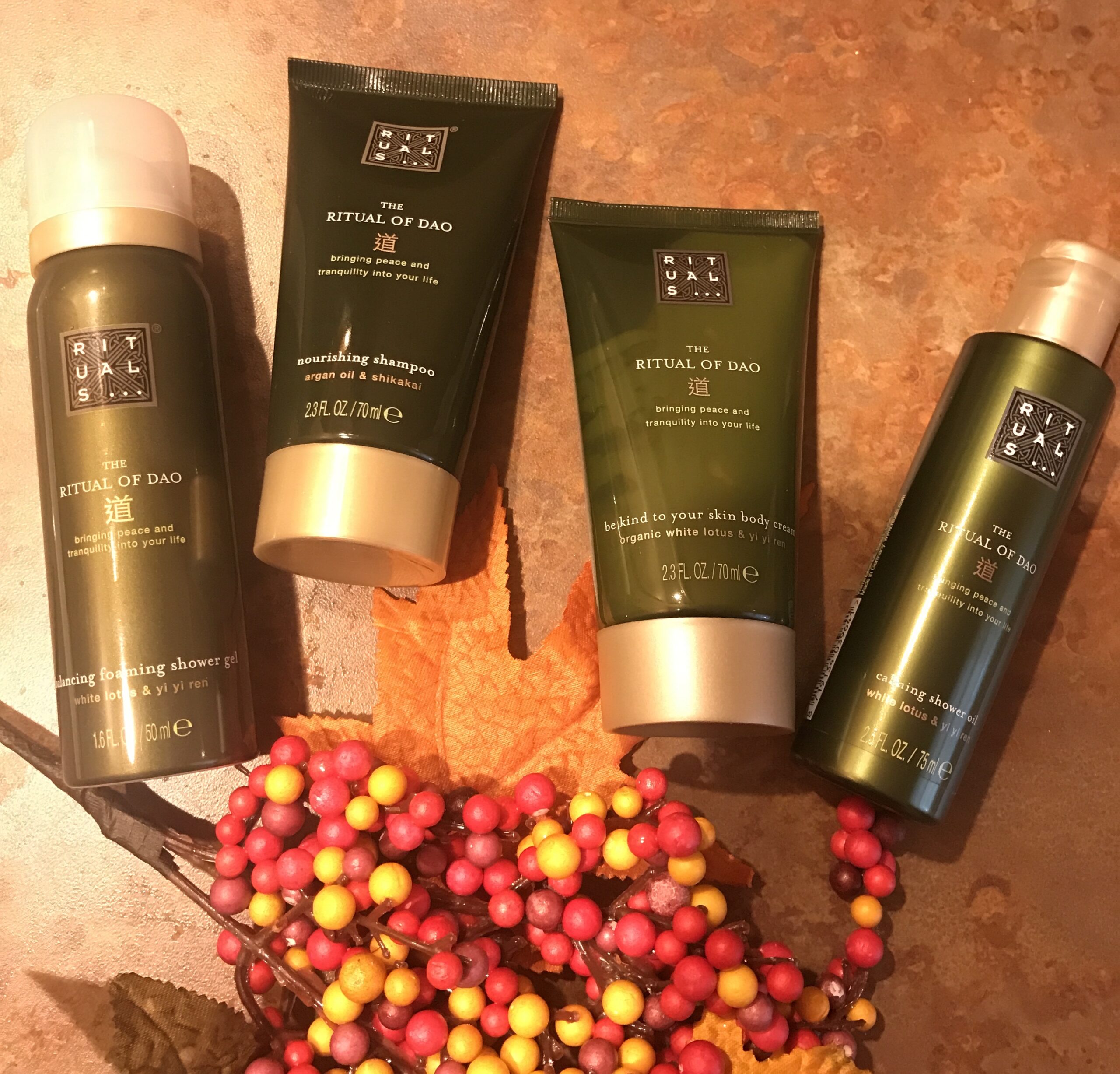 4 travel size bath and body products that make up the Ritual of Dao Small Gift Set