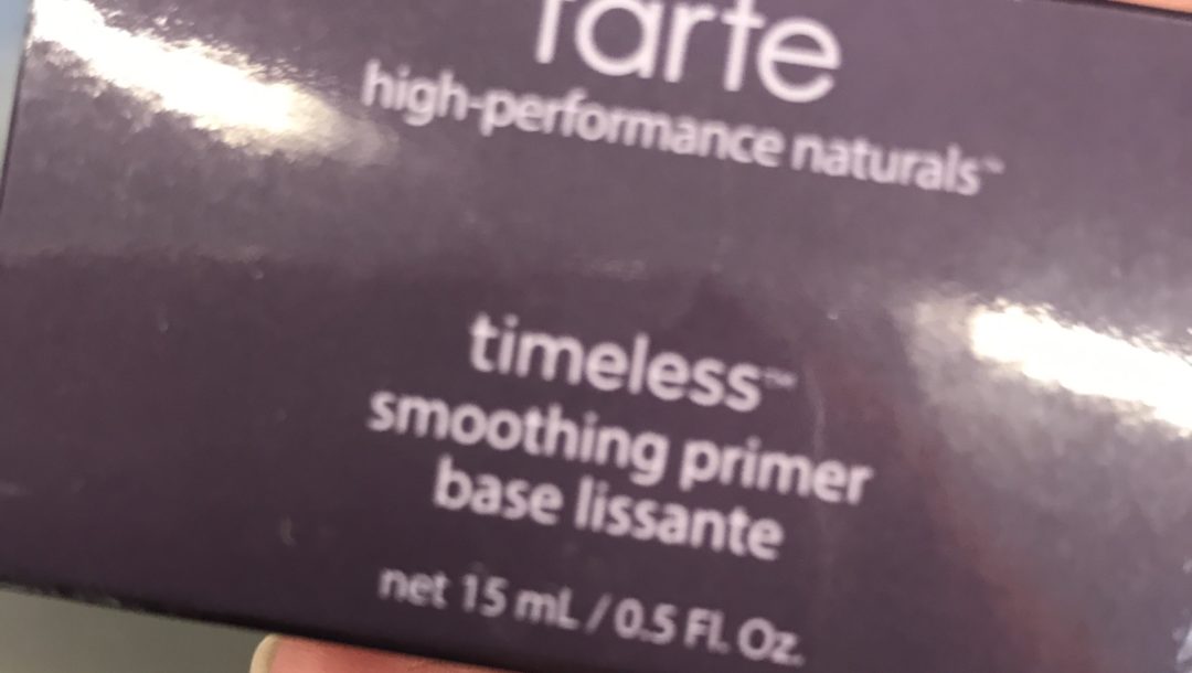 closeup of the box for the travel size Tarte Timeless Smoothing Primer