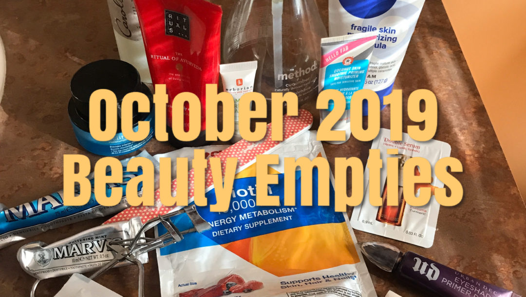 beauty products I used up in October 2019 with title over photo