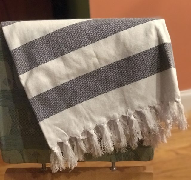 white and grey striped tasseled turkish towel from Sephora