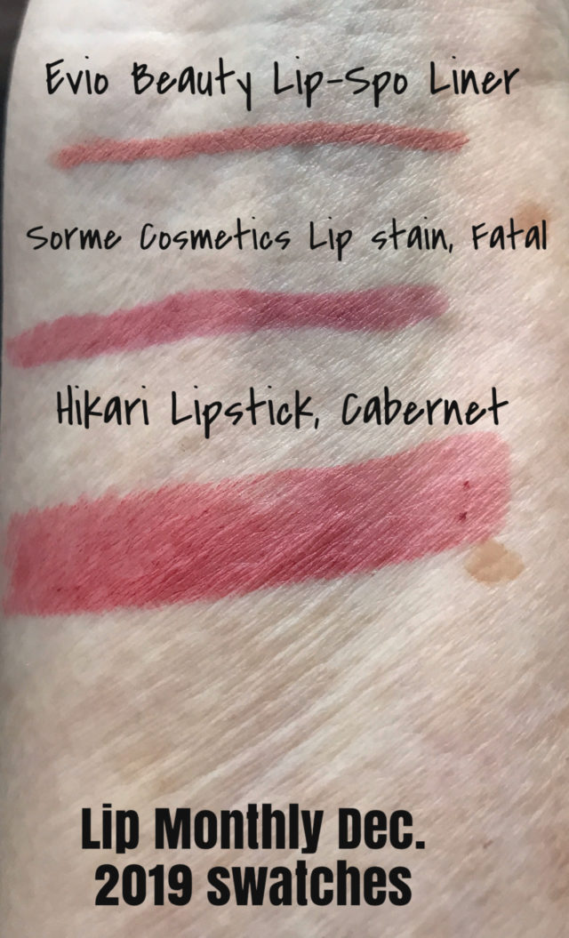 swatches for 3 lip products in the December 2019 Lip Monthly subscription: Sorme lipstain, Evio Lip Liner, Hikari lipstick