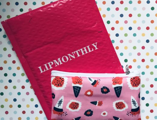 bright pink Lip Monthly mailer and pink pattern makeup bag for December 2019