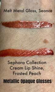 swatches of two metallic lipgloss shades that are similar: Melt Metal Gloss Seance and Sephora Collection Cream Lip Shine Frosted Peach