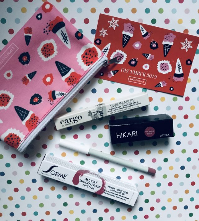 lip and eye products in their outer packaging from the December 2019 Lip Monthly subscription