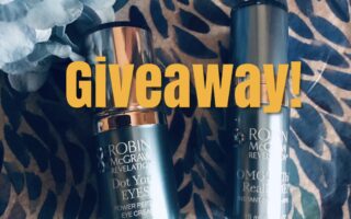 bottles of Robin McGraw Dot Your Eyes Eye Cream & OMG! Is This Really ME? Instant Face Shaper partially covered by the word: Giveaway!