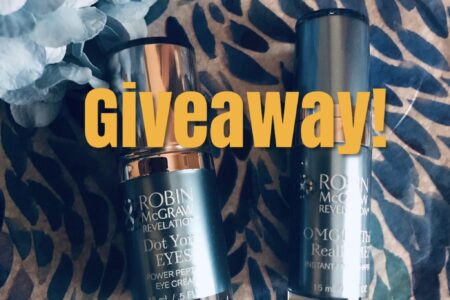 bottles of Robin McGraw Dot Your Eyes Eye Cream & OMG! Is This Really ME? Instant Face Shaper partially covered by the word: Giveaway!