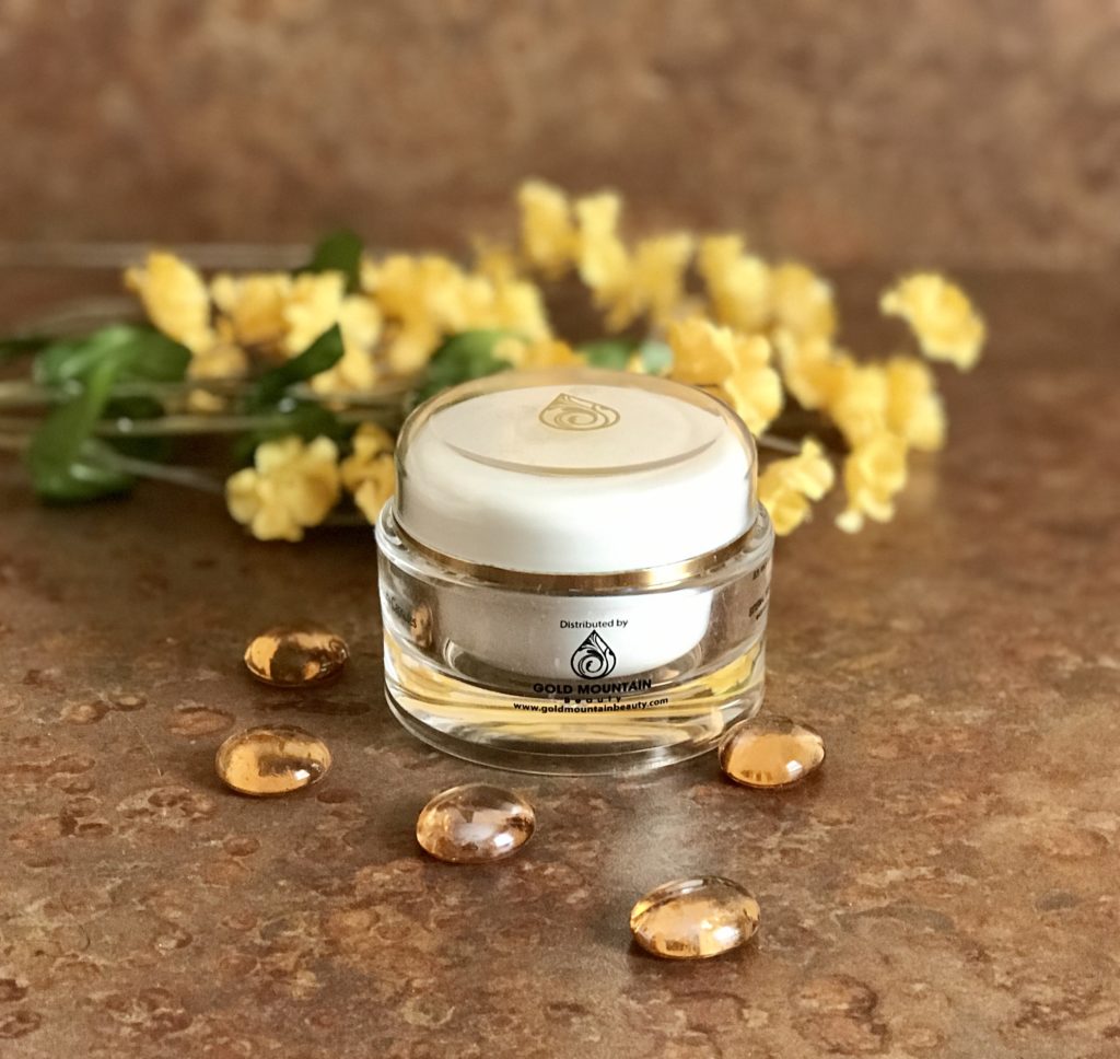 clear plastic jar of Gold Mountain Anti-Aging Capsules