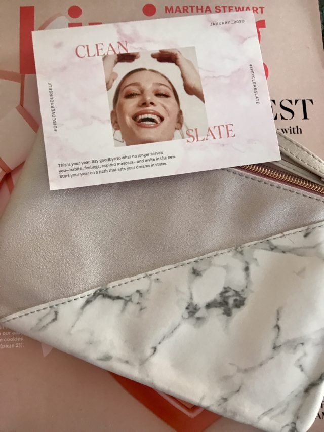 faux white marble & pale pink shimmer wristlet makeup bag and product card Ipsy Plus "Clean Slate" for January 2020