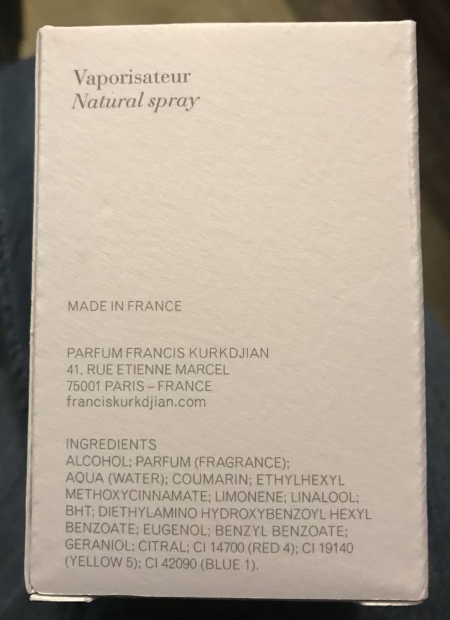 ingredient list on the side of the box of Grand Soir eau de parfum from Maison Francis Kurkdjian