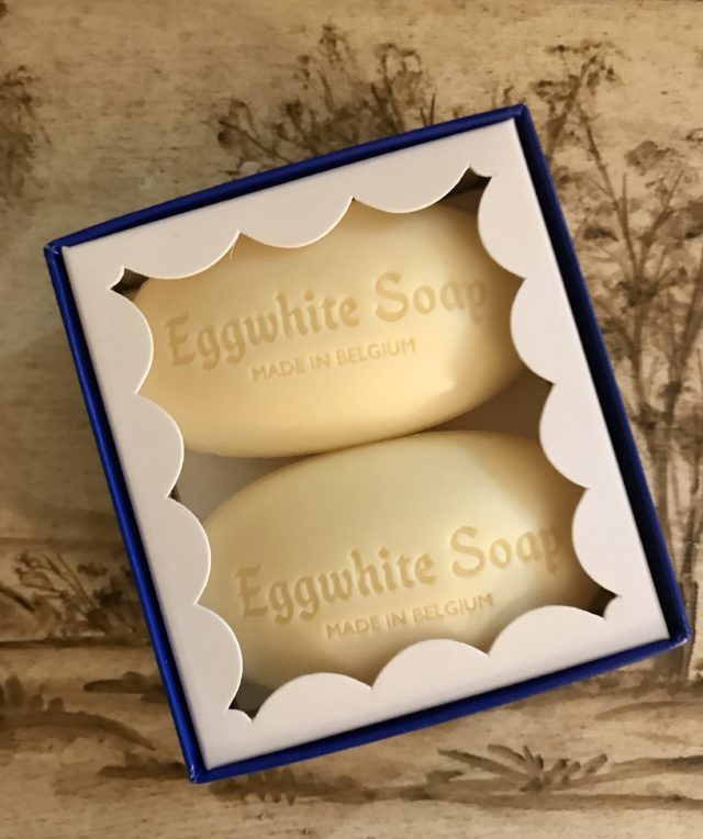 two egg shaped ivory soaps in a presentation box