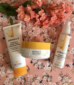 trio of Derma E Vitamin C skincare products in their bottles without outer boxes