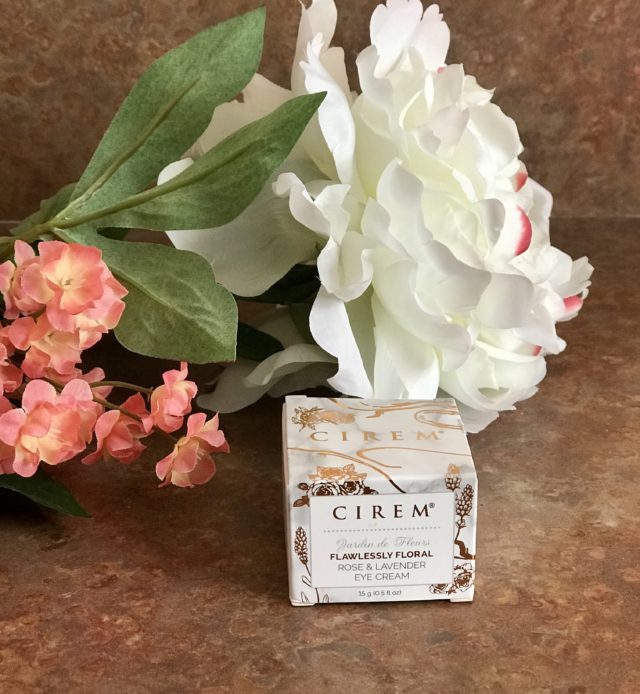 white and rose gold embossed box for CIREM Cosmetics Jardin des Fleurs Flawlessly Floral Rose and Lavender Eye Cream