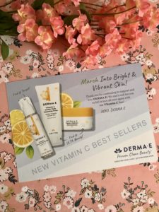 product card with information about the Derma E Vitamin C skincare trio of products: Cleansing Paste, Serum and Eye Gel Patches