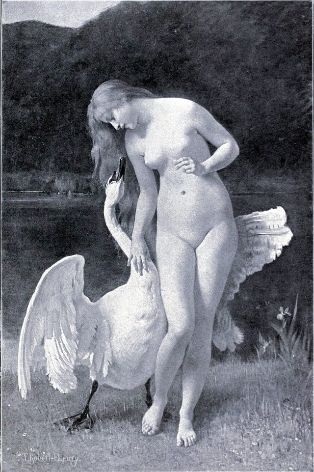black & white photo of Tony Robert-Fleury's watercolor and graphite "Leda and the Swan"