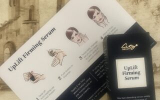 City Beauty UpLift Firming Serum in its outer packaging and product card that explains how to apply it