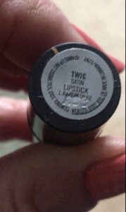 label on the bottom of the MAC Satin Lipstick case with the shade name, Twig