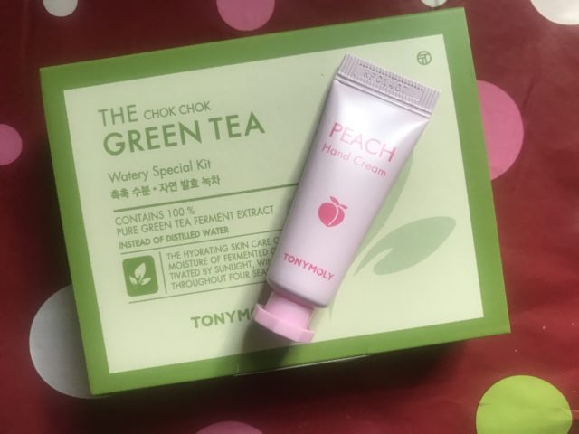 mini tube of Tony Moly Peach Hand Cream and Tony Moly Green Tea Watery Special Kit