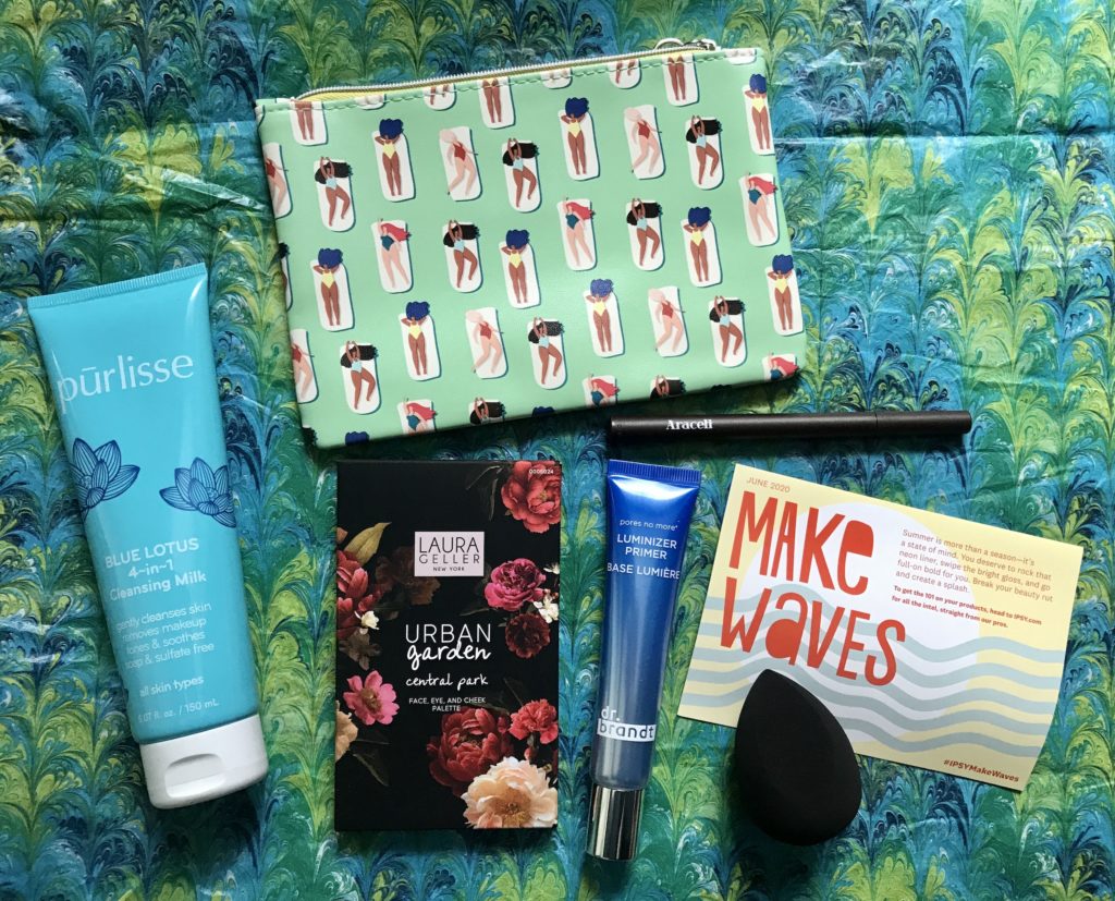 the skincare, makeup and makeup tools in my June 2020 Make Waves Ipsy Glam Bag Plus