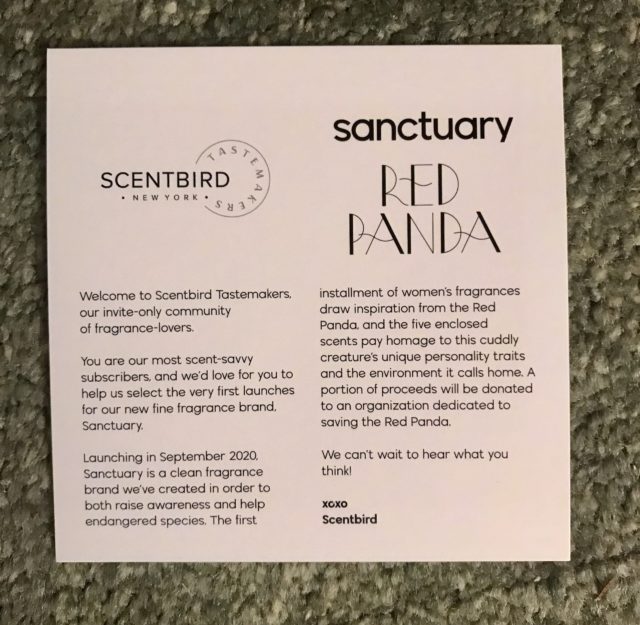 card describing Scentbird Tastemakers Sanctuary Red Panda new fragrance project