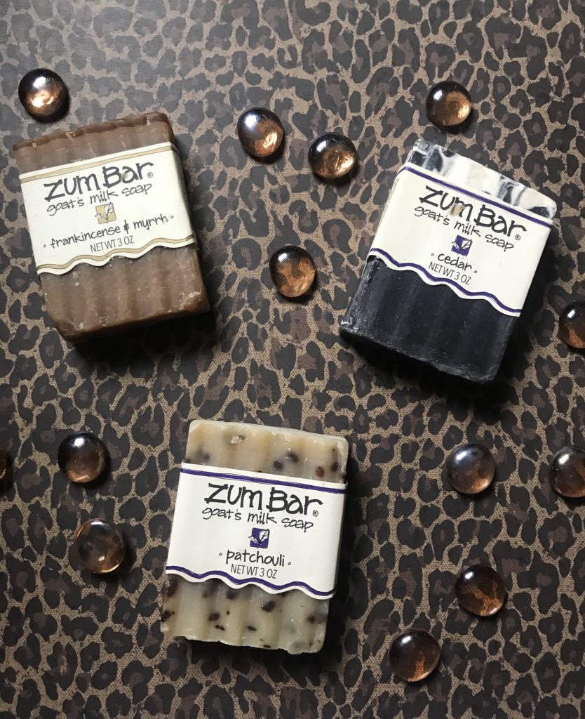 3 different Zum bar soaps: Cedar, Patchouli and Frankincense & Myrrh