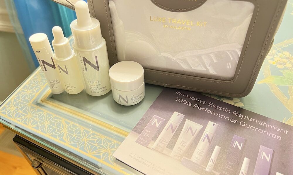 Nulastin Luxe Travel Kit products, info card and case