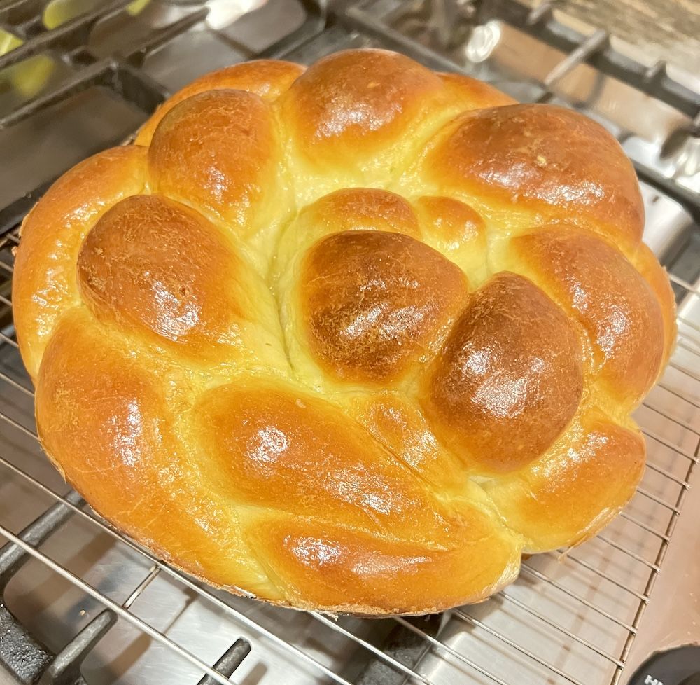 golden, round, braided challah